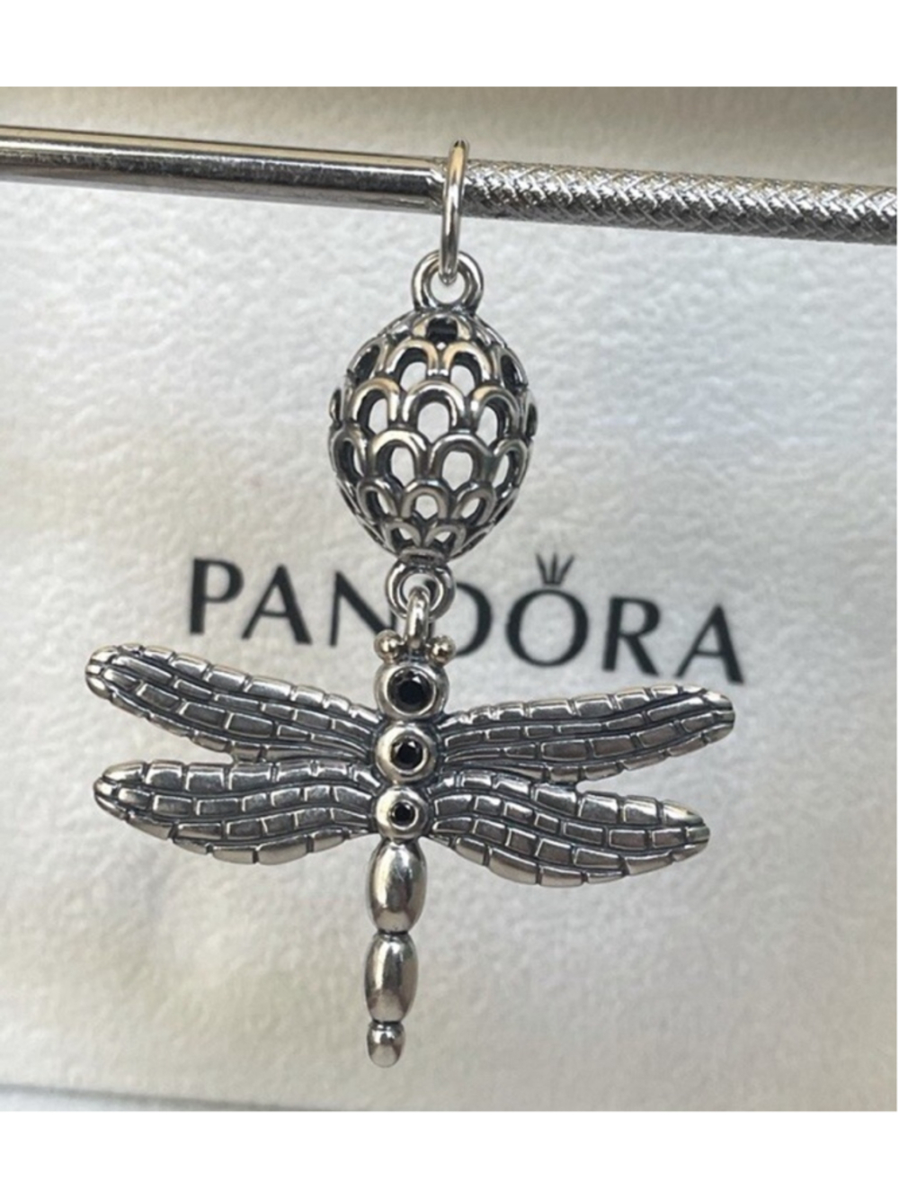 Genuine PANDORA Silver & 14K Gold~ Black Onyx Dragonfly Pendant S925 ALE